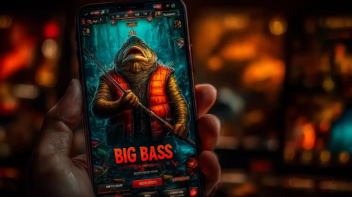 A close-up of a hand holding a smartphone showcasing a BIG BASS fishing game, featuring an anthropomorphic fish character, highlighting the engaging casual games on eg333.