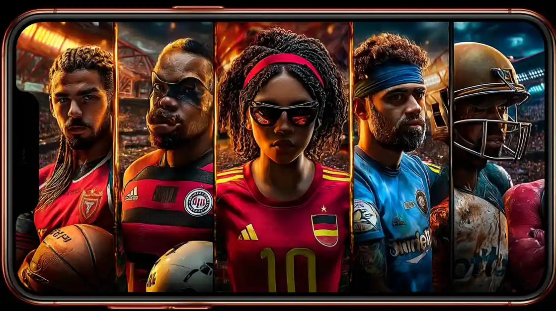 A smartphone screen displays a powerful collage of diverse male and female athletes from various sports, including football and soccer, representing the comprehensive sports betting options at eg333.