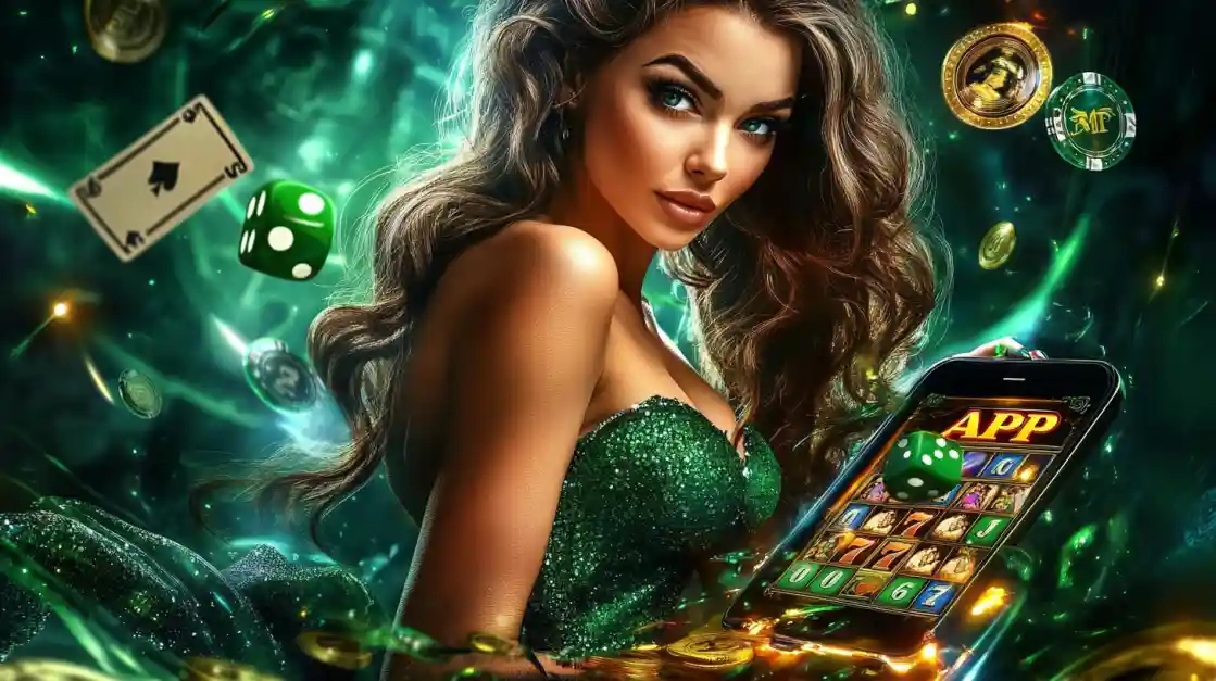 An enchanting woman with flowing hair, adorned in green, gazes captivatingly, surrounded by floating cards, dice, and coins, alongside a smartphone featuring the eg333 gaming app.