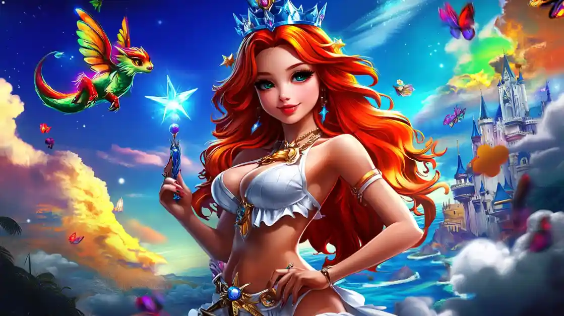 A vibrant fantasy scene featuring a beautiful princess with fiery red hair and a crown, holding a magic wand, with a small winged dragon and a fairytale castle in the background, embodying the magical world of eg333.