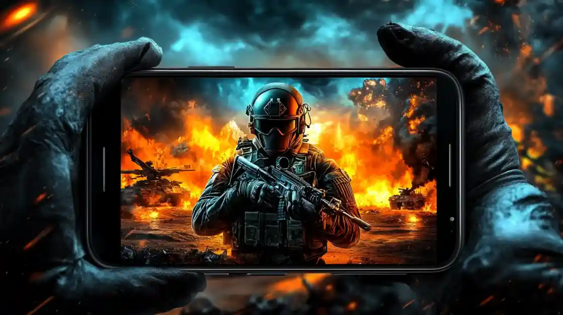 Hands holding a smartphone displaying an intense military shooter game with a soldier amidst explosions and tanks, showcasing the immersive action available on eg333.