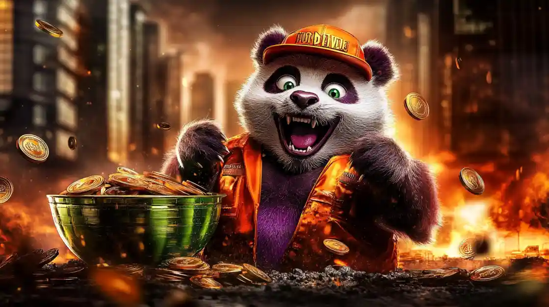 A cheerful panda character wearing an orange cap and jacket, surrounded by golden coins and a bowl of money, symbolizing wealth and good fortune with eg333.