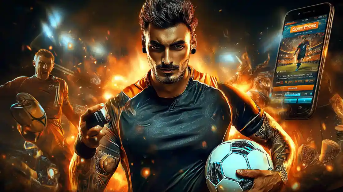 An intense male soccer player with tattoos holds a football, looking confidently at the camera with a eg333 sports betting app on a phone beside him, all set against a fiery action background.