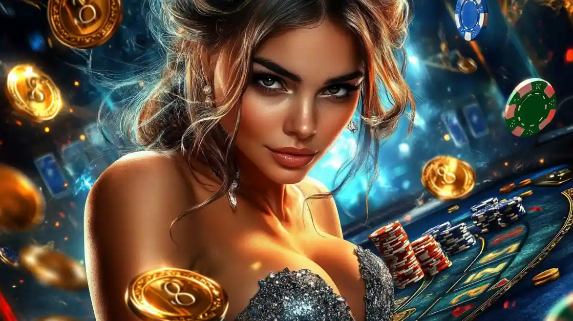 A beautiful woman in a glittering dress gives a captivating look while at a eg333 casino table, surrounded by floating gold coins, casino chips, and a roulette wheel.