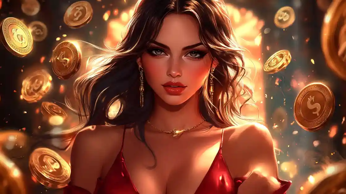 A stunning woman in a red dress, adorned with delicate jewelry, looks directly at the viewer as a shower of golden eg333 coins rains down around her, symbolizing big wins.