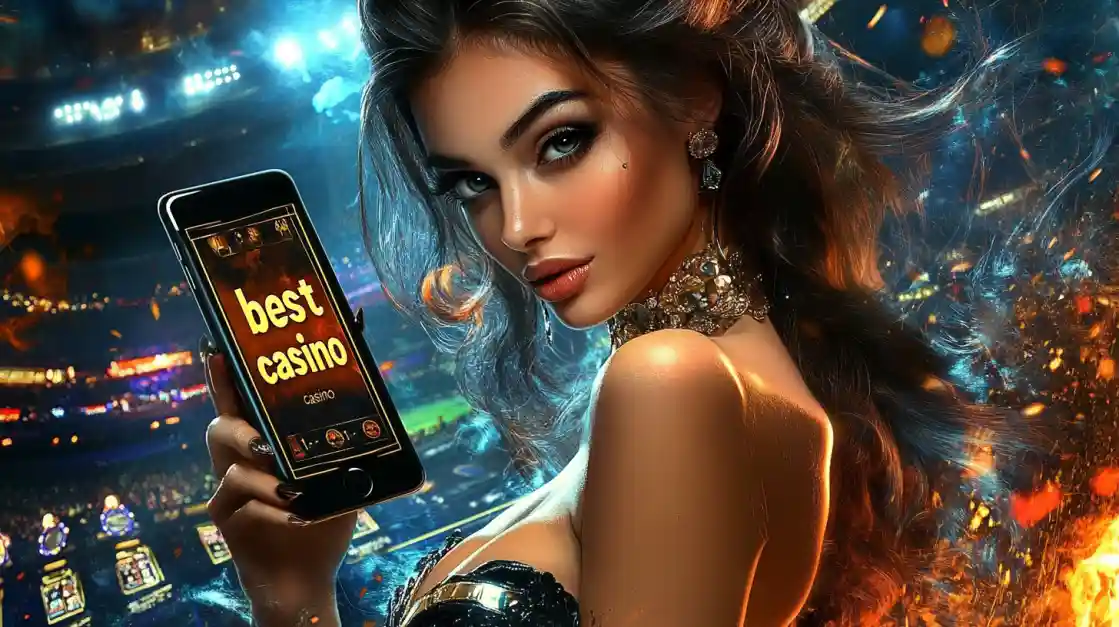 An alluring woman holds a smartphone with the best casino app from eg333 glowing on the screen, set against the backdrop of a brightly lit stadium and ambient flames.
