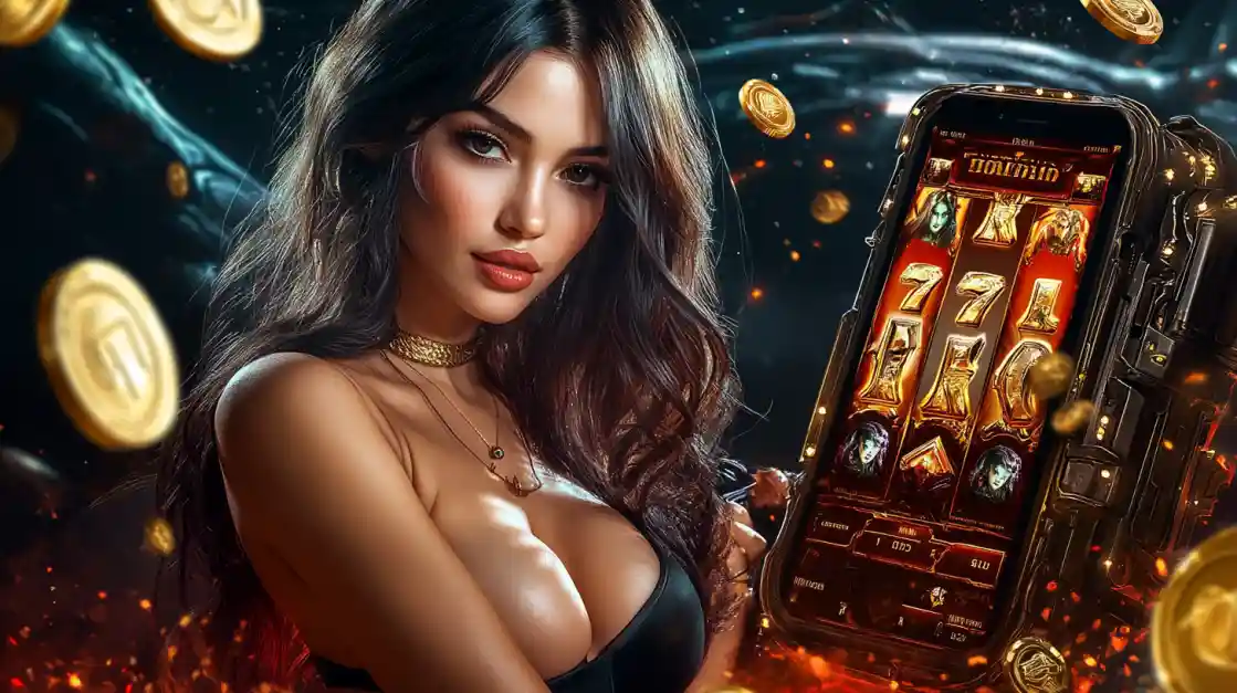 A beautiful woman in a black top looks confidently at the viewer while holding a smartphone displaying a eg333 mobile slot game with 777 symbols and golden coins.