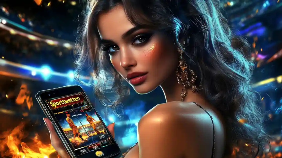 A glamorous woman with elegant makeup looks over her shoulder, holding a smartphone displaying the eg333 sports betting app against a vibrant stadium backdrop with fire effects.